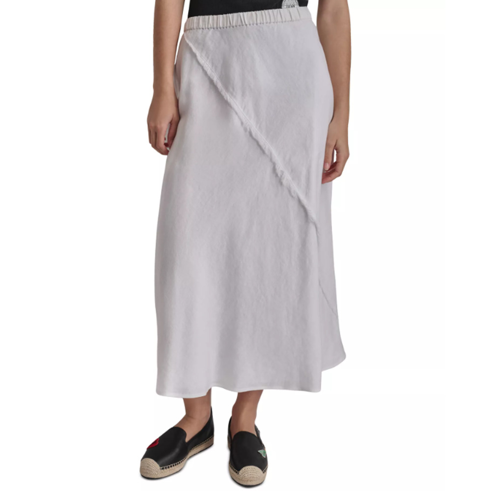 DKNY Women's Pull-On Fringe-Trim Linen White Skirt Size L 17131